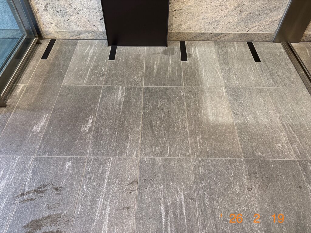 エントランスのタイル
マットの置いてあるところは白く、その他の場所は真っ黒です