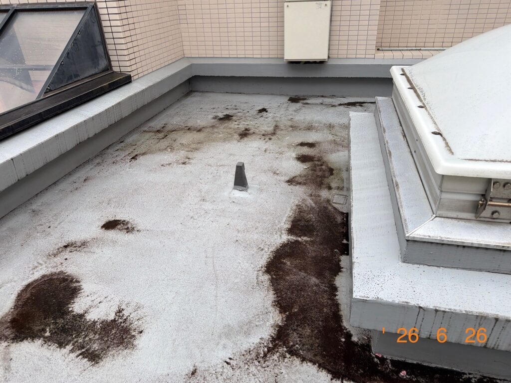 バルコニー全体の清掃風景。左は広範囲に泥がこびりついている