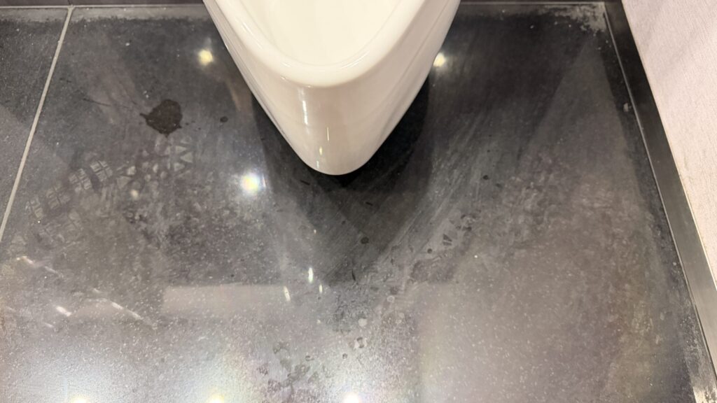 トイレ汚垂石のテスト施工。作業前は靴跡や拭いたあとなど全体がくすんでいる